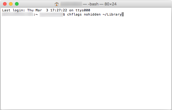 Screenshot: enter this command to unhide a hidden folder in the Library
