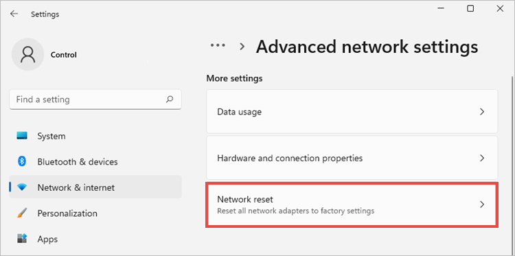 Opening the Network reset settings in Windows 11.