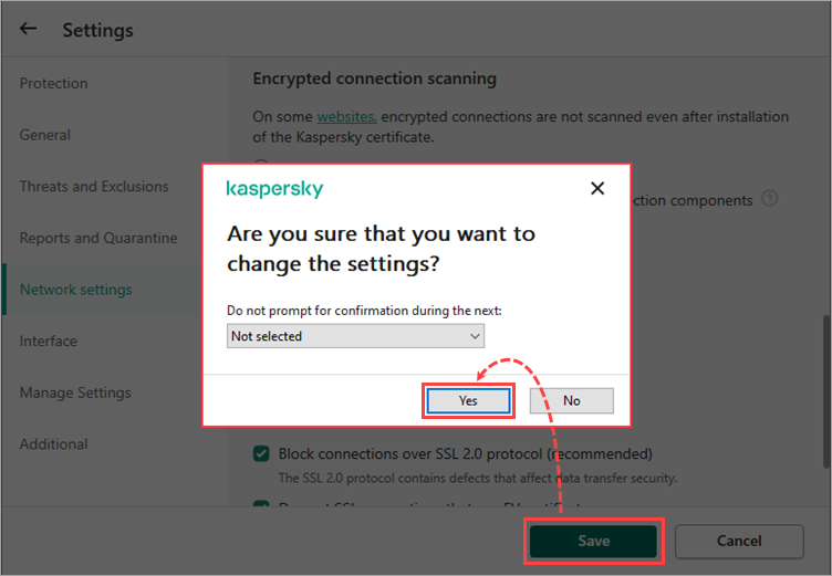 Saving the changes in a Kaspersky application