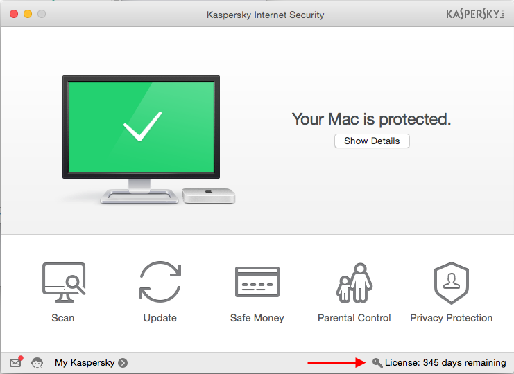Screenshot: open Licensing window in Kaspersky Internet Security 16 for Mac