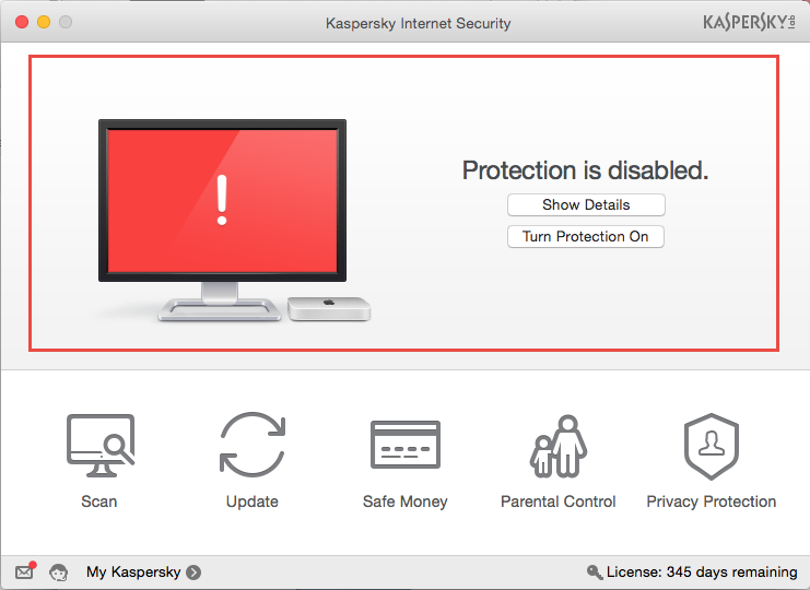 Image: red security indicator of Kaspersky Internet Security 16 for Mac