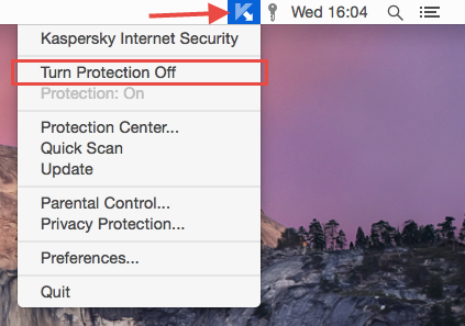 Image: Turn Protection Off in Kaspersky Internet Security 16 for Mac
