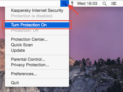 Image:  Turn Protection On in Kaspersky Internet Security 16 for Mac