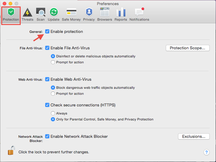Image: disable protection from Preferences in Kaspersky Internet Security