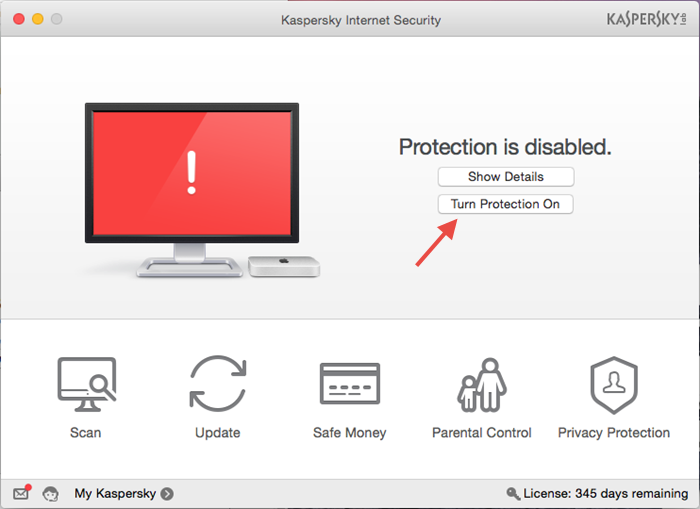 Image: disable protection from Preferences in Kaspersky Internet Security 16 for Mac