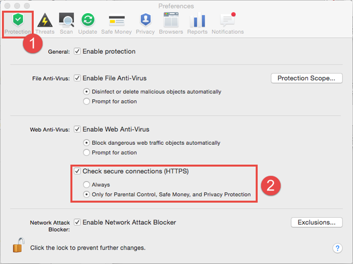 Image: how to set up checking of secure connections in Kaspersky Internet Security 16 for Mac