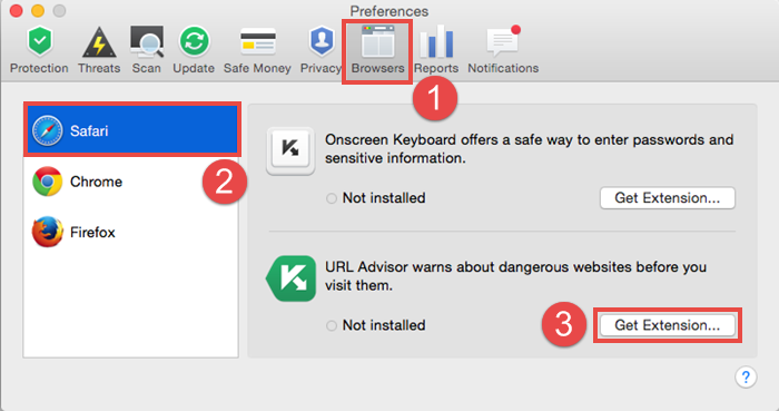 Image: get extensions from Preferences in Kaspersky Internet Security for Mac