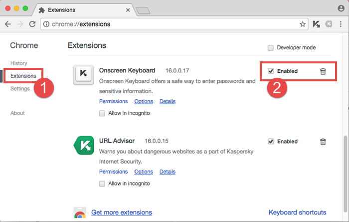 Image: how to enable or remove extensions in Google Chrome