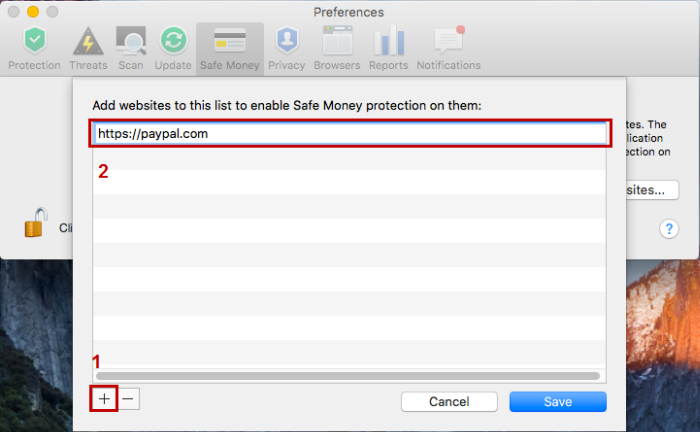 Add an online payment system website address to the Safe Money database