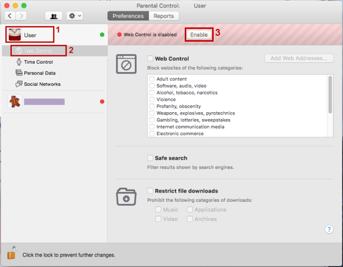 Select Web control for the needed user account and click Enable.
