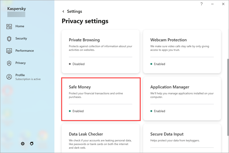The Safe Money settings in a Kaspersky application