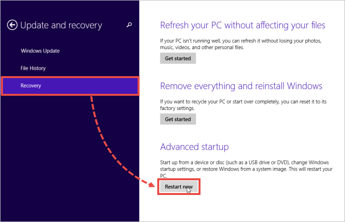 Image: in the right part of the Update and Recovery window, select Recovery