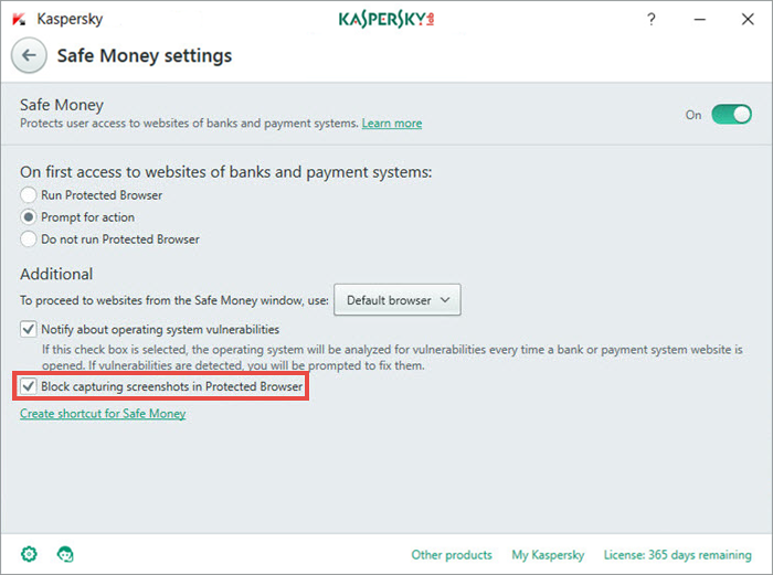 Image: open the Safe Money settings window.