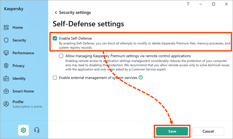 Checking whether the “Enable Self-Defense” check box is selected in Self-Defense settings