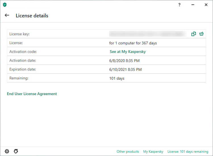 License details in a Kaspersky application