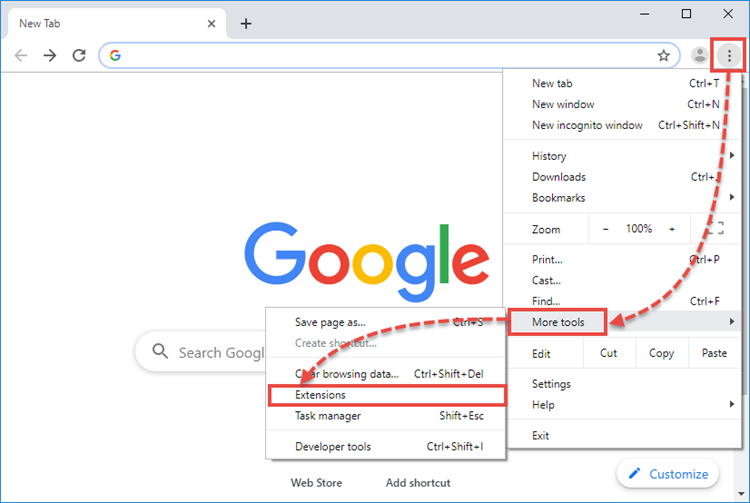 Opening the list of extensions in Google Chrome