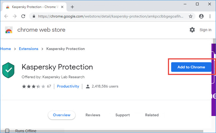 Installing an Kaspersky Protection extension to Google Chrome