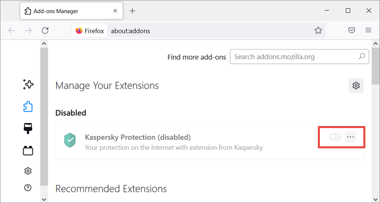 Enabling Kaspersky Protection in Mozilla Firefox