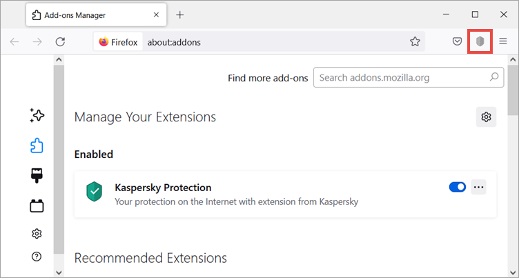 The Kaspersky Protection icon in Mozilla Firefox