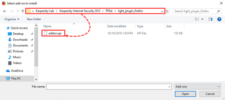Installing the Kaspersky Protection extension from file in Mozilla Firefox