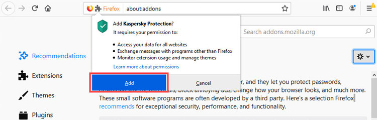 Adding the Kaspersky Protection extension to Firefox