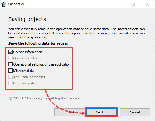 Selecting objects to save before removing a Kaspersky application