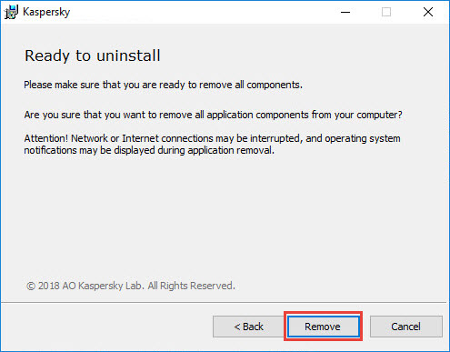 Confirming the removal of a Kaspersky application