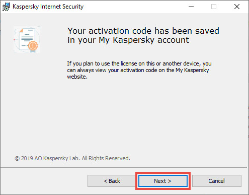 Notification about the activation code saved to My Kaspersky