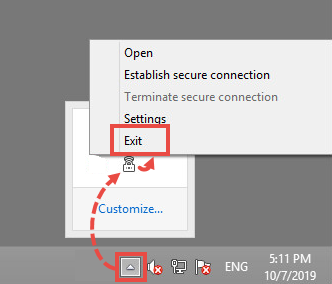 The context menu of Kaspersky Secure Connection
