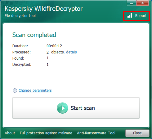 Opening a scan history in WildfireDecryptor