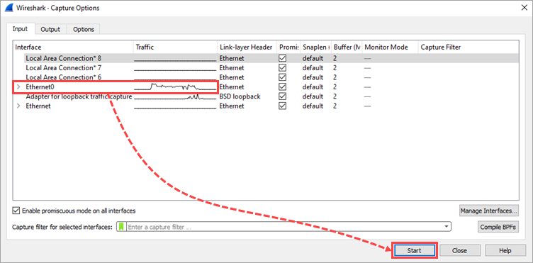 Selecting one network interface for log collection in Wireshark