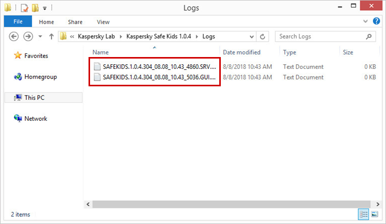 Opening the folder containing the Kaspersky Safe Kids trace files