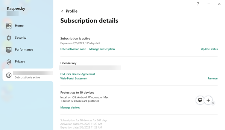 The Subscription details window in a Kaspersky application