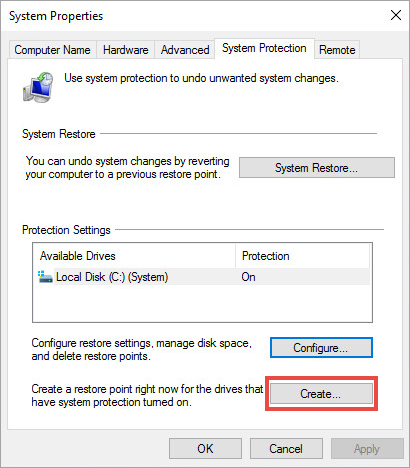 Configuring the restore settings in Windows 10.