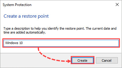 Creating a restore point in Windows 10.