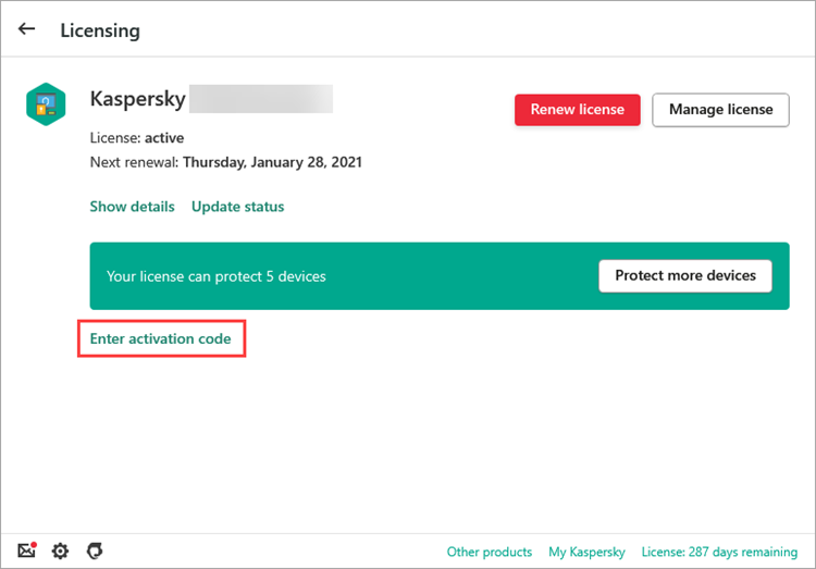 The Licensing window in a Kaspersky Lab application