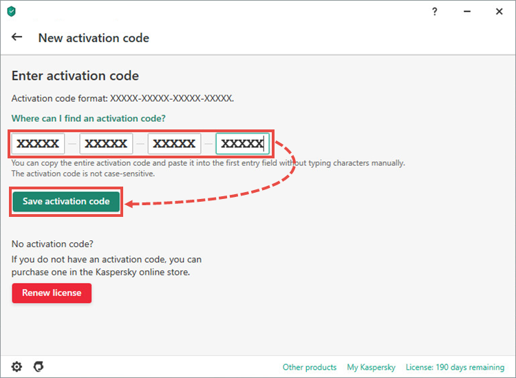 Entering a renewal activation code in a Kaspersky application