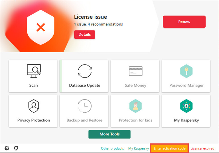 Opening the Licensing window in a Kaspersky Lab application
