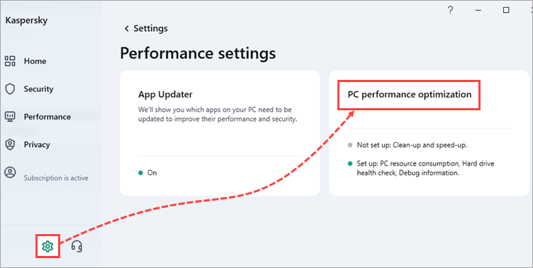 Performance settings of a Kaspersky application.