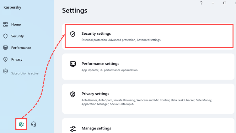 The Security settings window of a Kaspersky application.