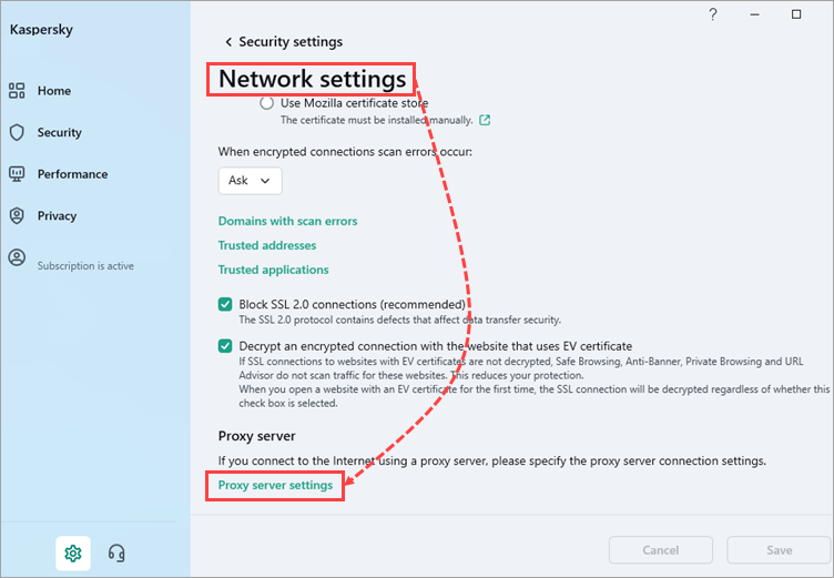 Opening proxy server settings in a Kaspersky application.