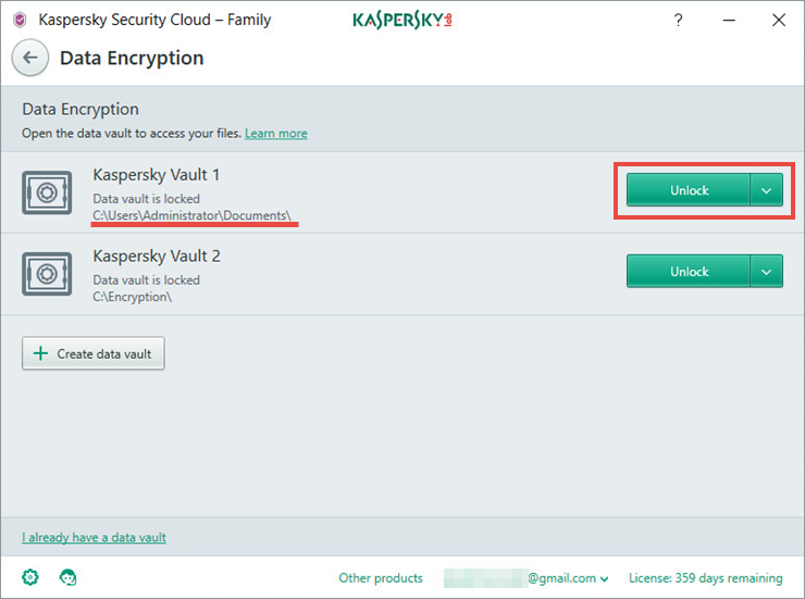 Image: the Data Encryption window of Kaspersky Security Cloud