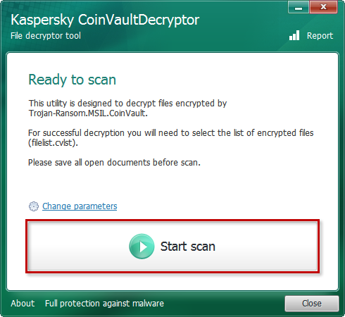 Starting a scan in the Kaspersky CoinVaultDecryptor tool