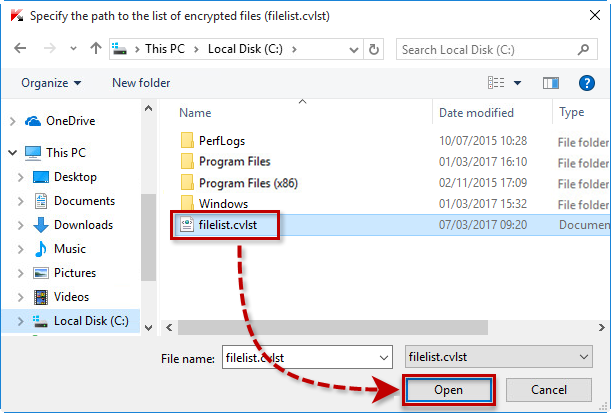 Specifying the path to the filelist.cvlst file when scanning in the Kaspersky CoinVaultDecryptor tool