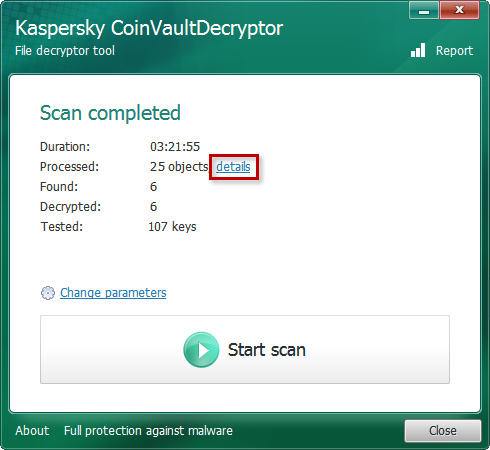 Viewing detailed scan information in Kaspersky CoinVaultDecryptor