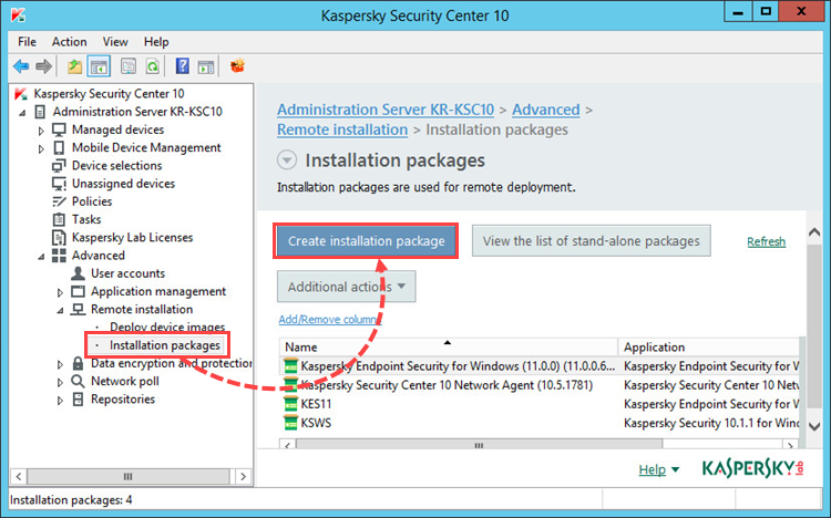 Creating an installation package in Kaspersky Security Center 10