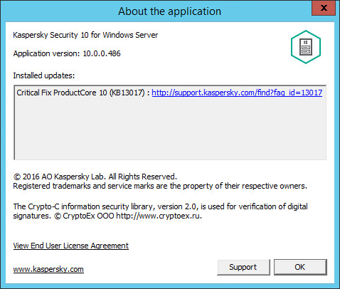 Viewing information about Kaspersky Security 10.x for Windows Server