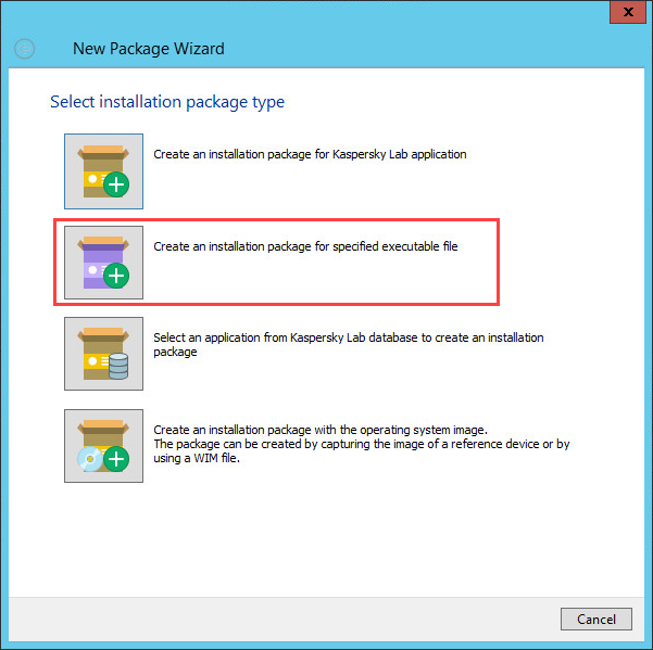 Selecting an installation package type in Kaspersky Security Center 10