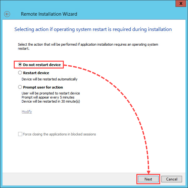 Selecting system restart option when installing a patch for Kaspersky Security 10.x for Windows Server 