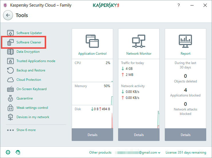 Image: the Tools window in Kaspersky Security Cloud